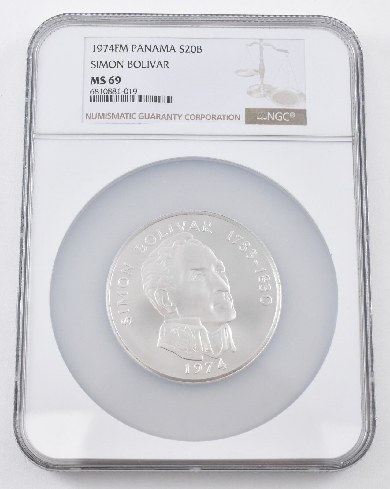 MS69 1974 FM パナマ 20 バルボア シモン ボリバル シルバー NGC ブラウン Lbl