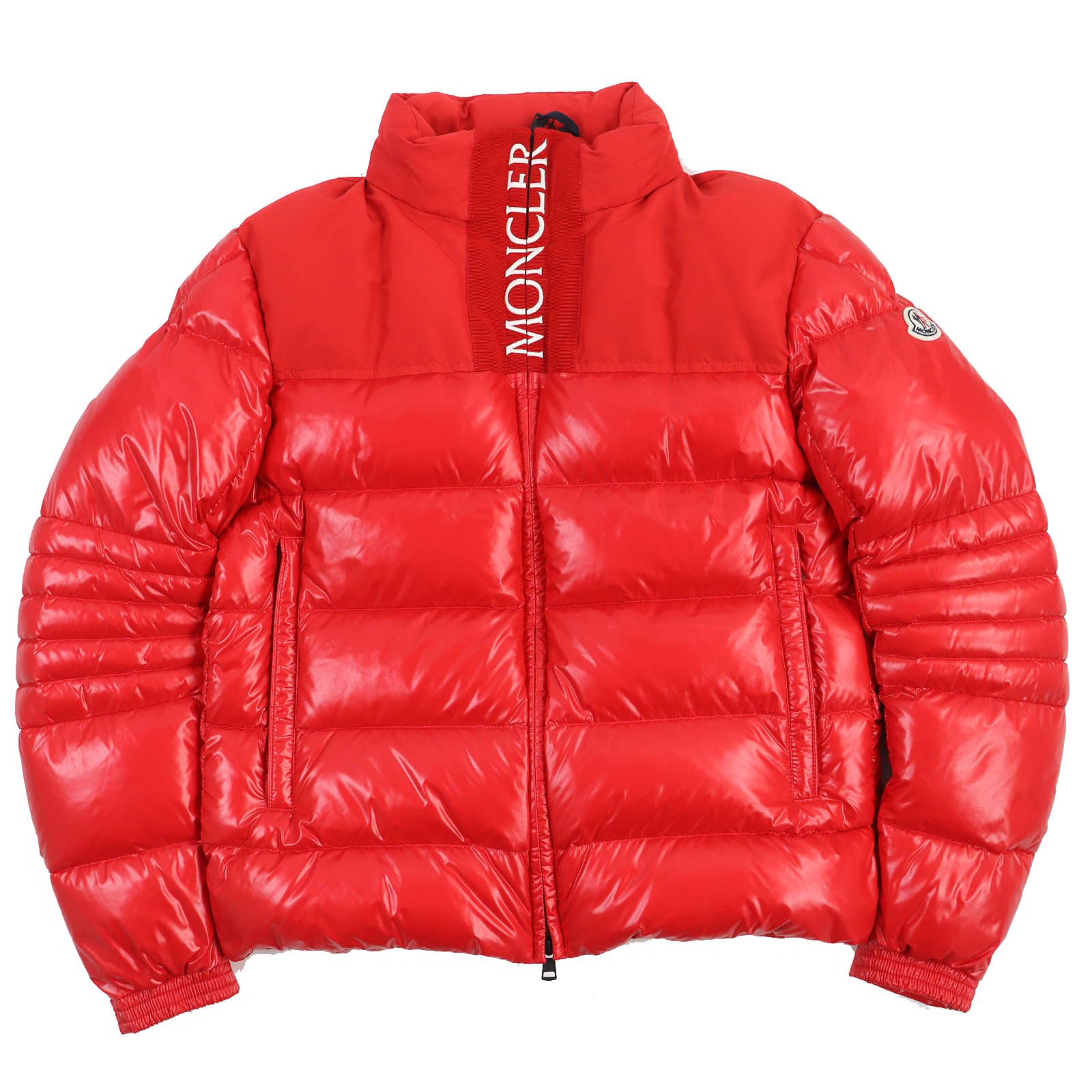 極美品MONCLER モンクレール 19-20AW BRUEL ブリュエル ロゴ刺繍 ロゴワッペン付き ジップアップ ダウンジャケット レッド 3 正規品 メンズ オススメ