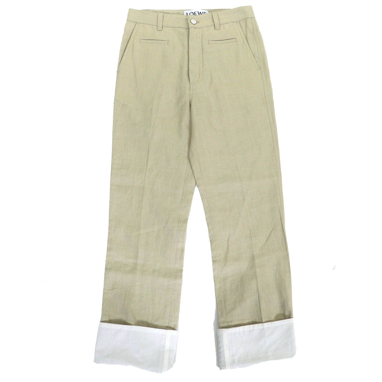 △LOEWE ロエベ D2162111BO リネン100％ アナグラムボタン ロゴレザーパッチ フィッシャーマンパンツ ベージュ 34 フランス製 正規品 レディース