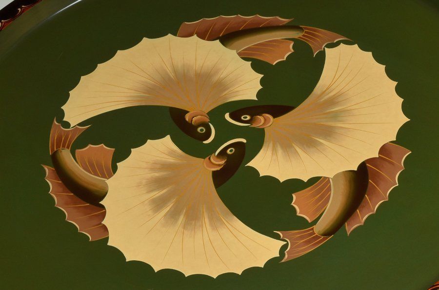 蔵C8931 漆芸 漆絵 飛魚図 大きな丸盆 飾り盆 55ｃｍ