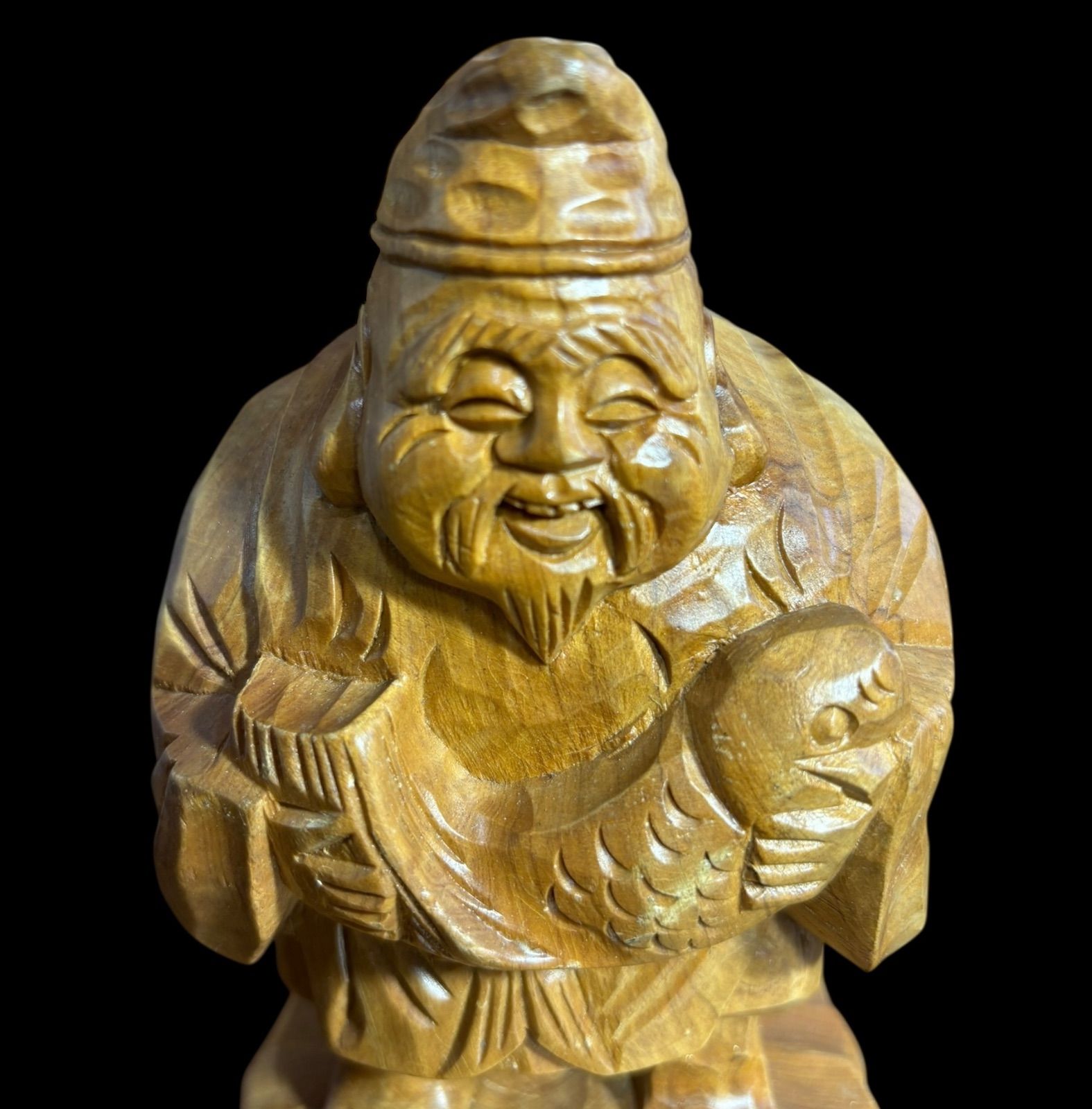 【正規品】 恵比寿様 木製 七福神 恵比寿 木彫り 開運 古 仏像 彫刻 縁起物 彫刻・オブジェ