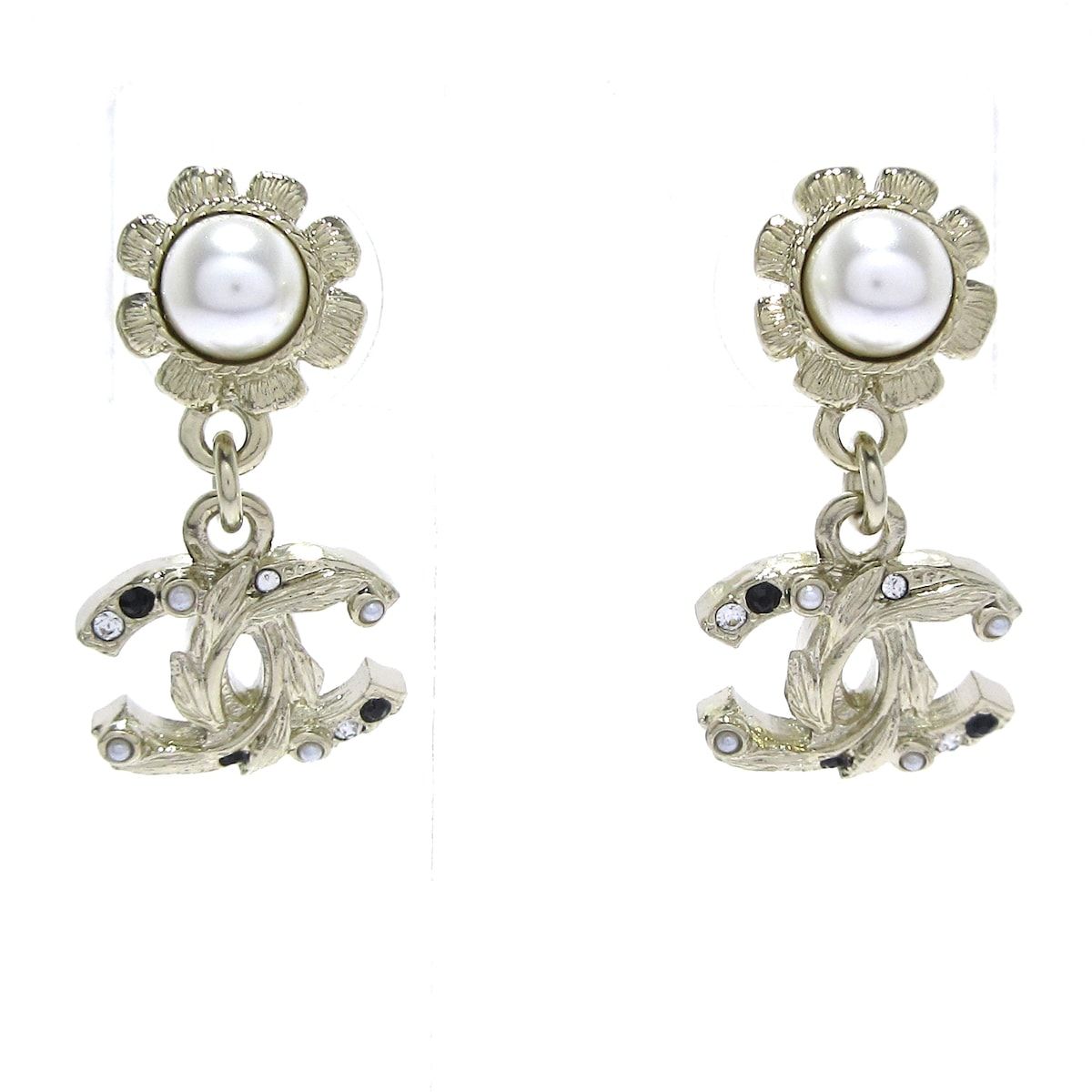 CHANEL シャネル ピアス ココマーク ゴールド×白 ラインストーン