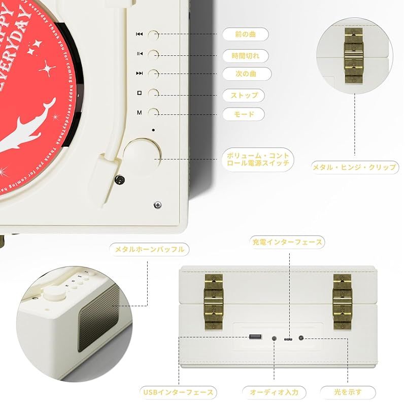 ポータブルCDプレーヤー、レトロデザイン、充電式3600mAhバッテリー