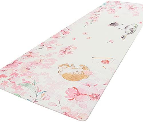 猫と桜_約45cm x 240cm RECYCOキッチンマット 塩化ビニル製 PVC台所低反発マット 拭ける 滑り止め 抗菌 防炎 撥水 防音 ロボット掃除機対応 洗濯不要 45X240cm 厚さ8mm 猫と桜