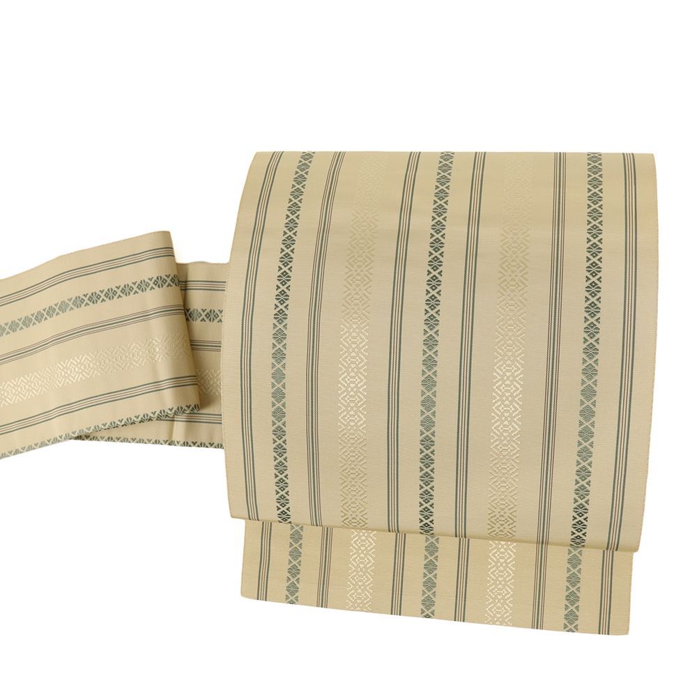 名古屋帯 博多織 五献上 正絹 ベージュ 緑 仕立て上がり カジュアル 帯 リサイクル お洒落 八寸 No.i6-2352