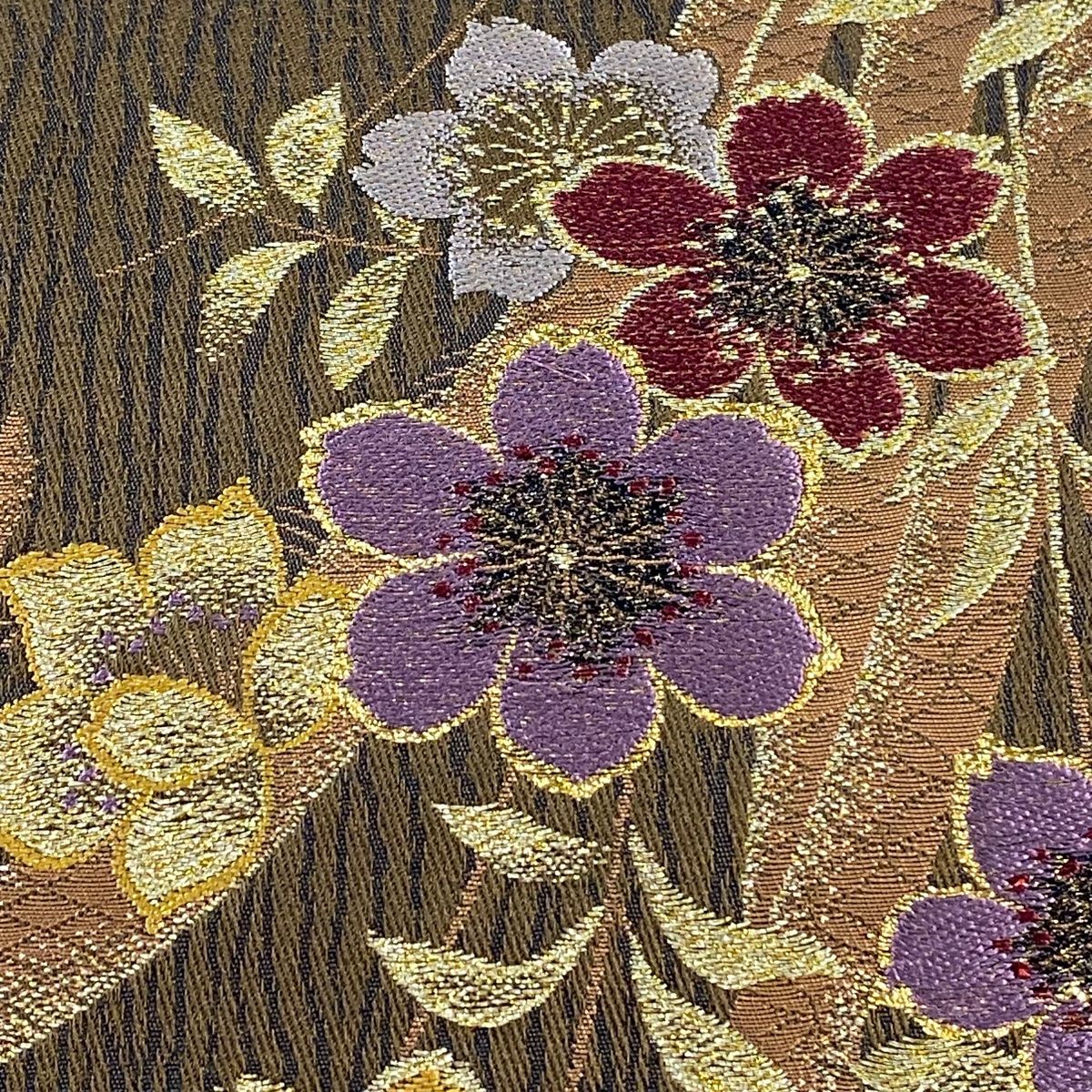 袋帯 美品 秀品 草花 扇 金糸 刺繍 焦茶色 六通 正絹 【中古