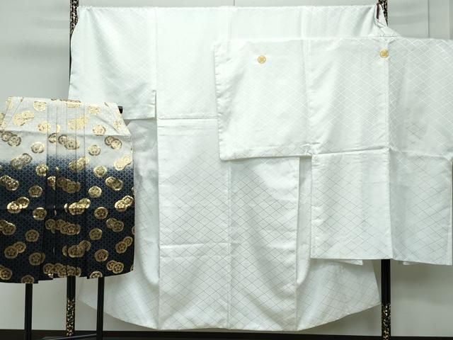 平和屋着物 上 男性 色無地 紋付き羽織 行灯袴セット キングサイズ 白地 花菱地紋 舞台衣装 洗える着物 CZAA3659s5