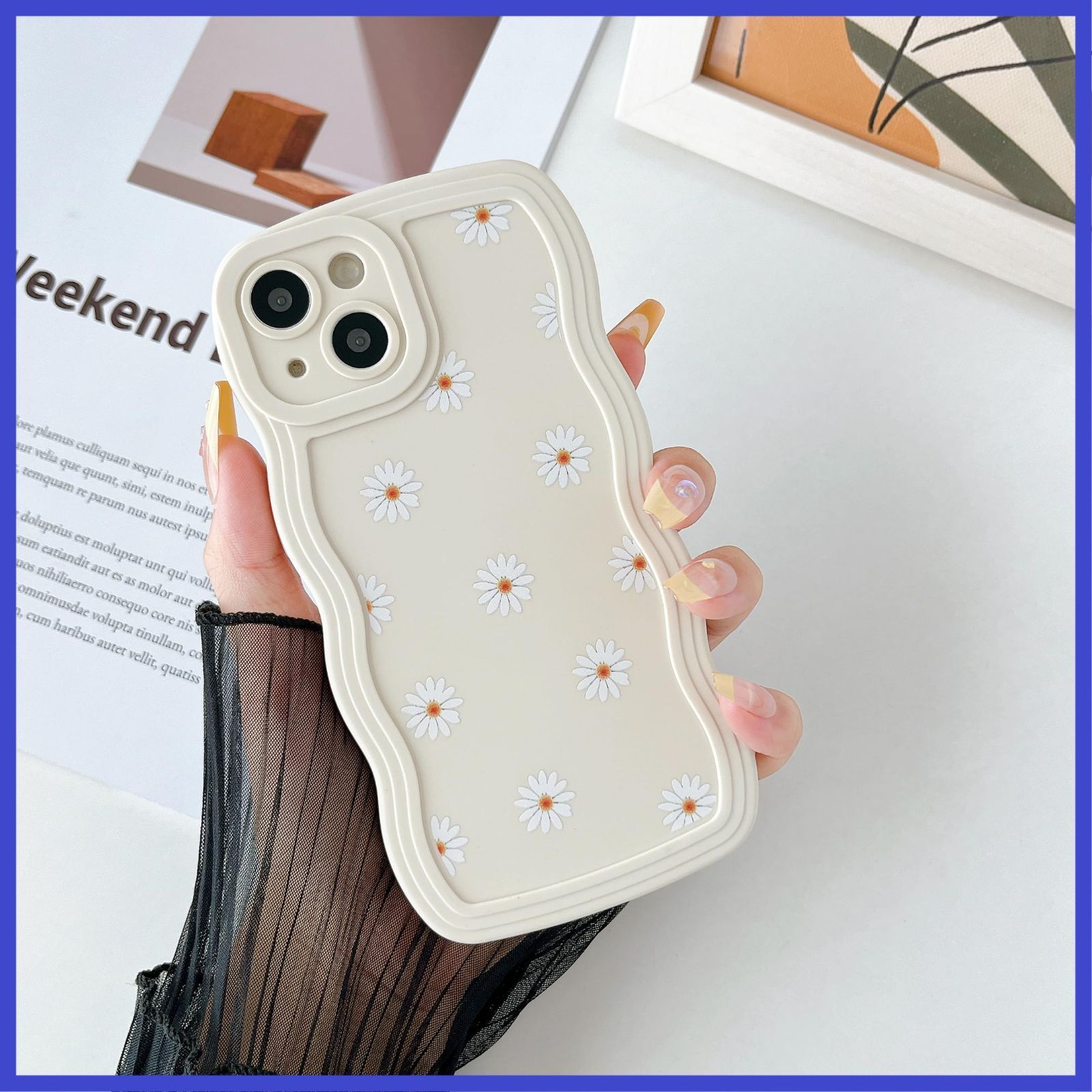 ZTOFERA iPhone 14 ケース用、波状フレームケース、デイジー