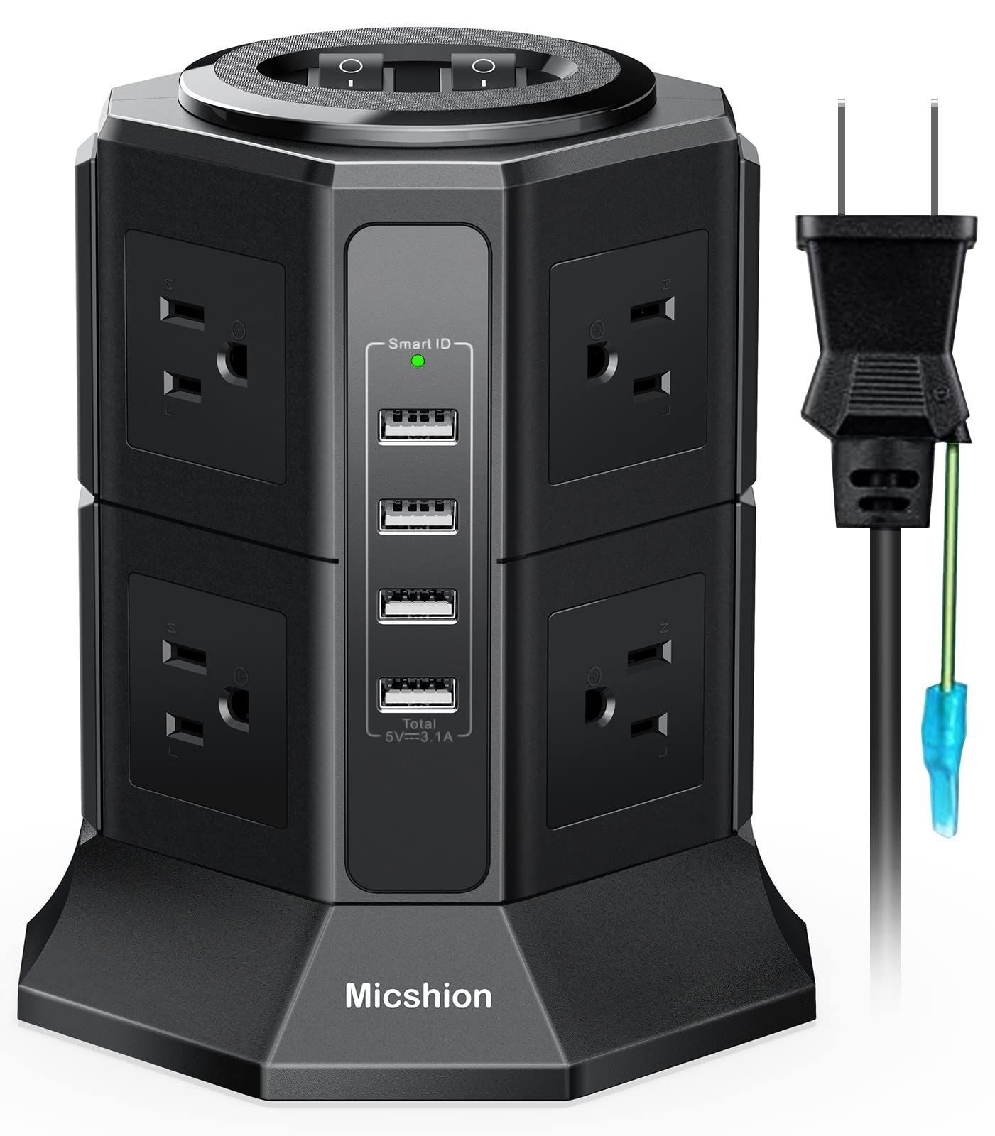 【在庫処分】電源タップ タワー式 縦型コンセント 2つのバイポーラスイッチ AC 8個口 USB 4ポート（4.5A/5V）1500ｗ 入力100ｖ-125ｖ 急速充電可能 雷ガード保護 過負荷保護 延長コード2m 職場用 家