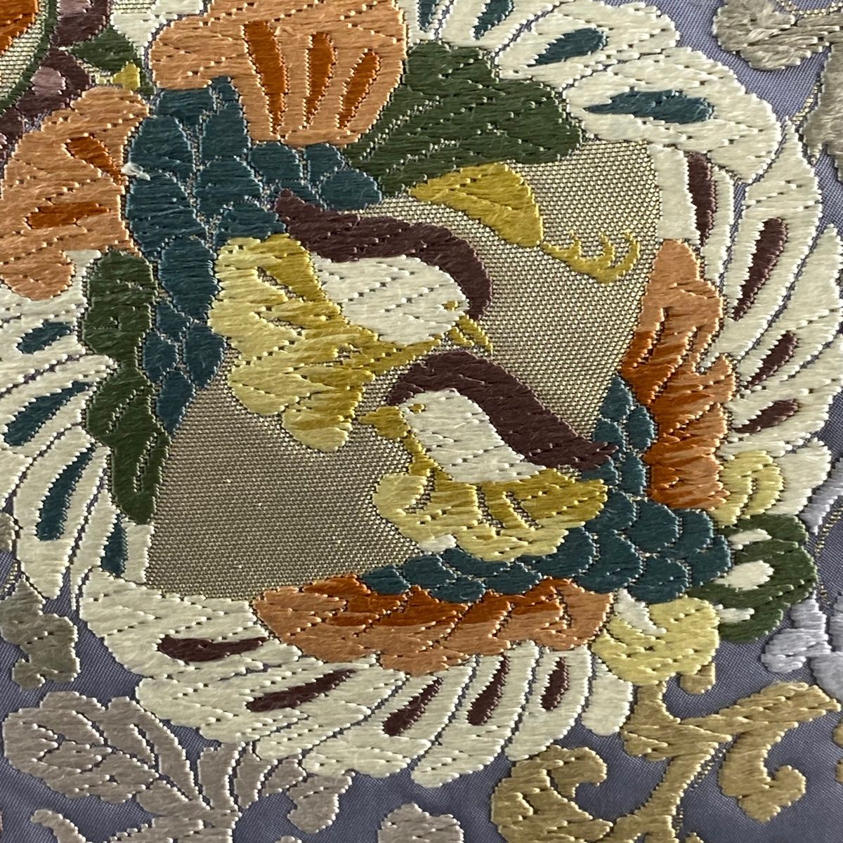 袋帯 華文 鴛鴦 唐織 箔 薄紫 六通 正絹