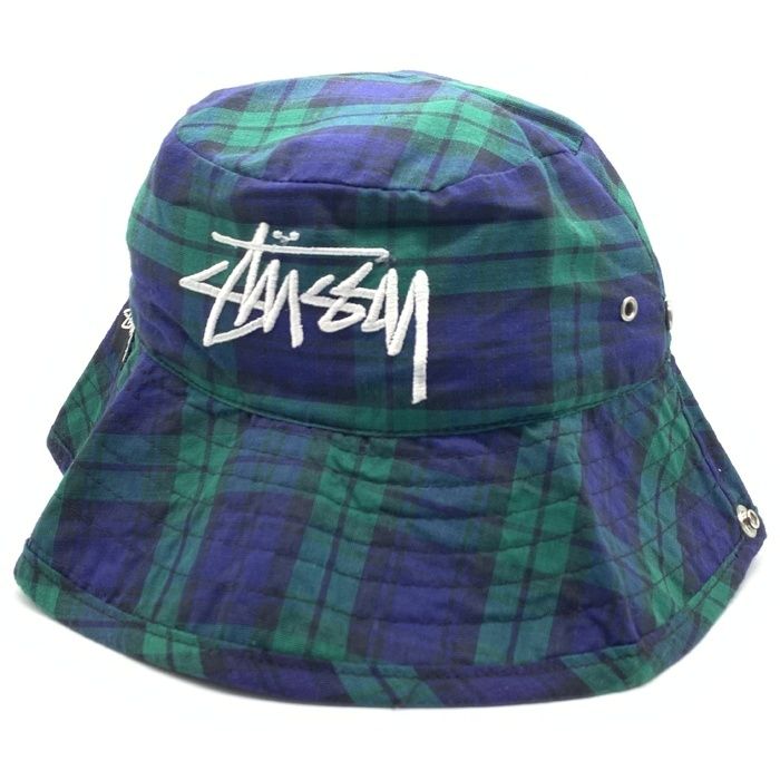 80 s~ STUSSY ステューシー チェックロールアップハット スナップボタン グリーン ネイビー ブラックウォッチ 黒タグ Size M