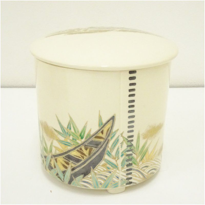 京焼 山川巌造 葦船絵曲物形水指 共箱 水指し 茶道 茶道具 おしゃれ 水差し 抹茶 インテリア 茶器 水器 お茶 骨董 茶会