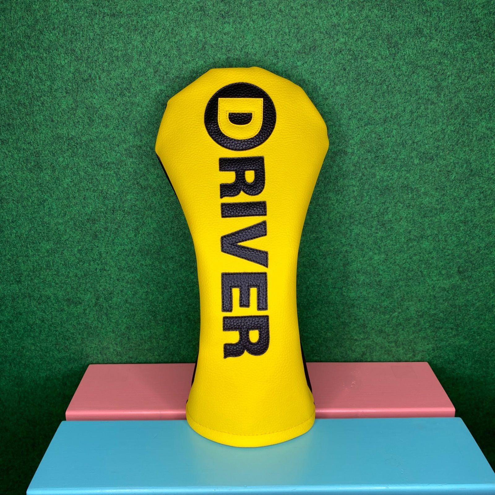 疑念のない ハンドメイド イエロー×マットブラック 丸パーツ付 ゴルフクラブ用ヘッドカバー 合皮 フェイクレザー