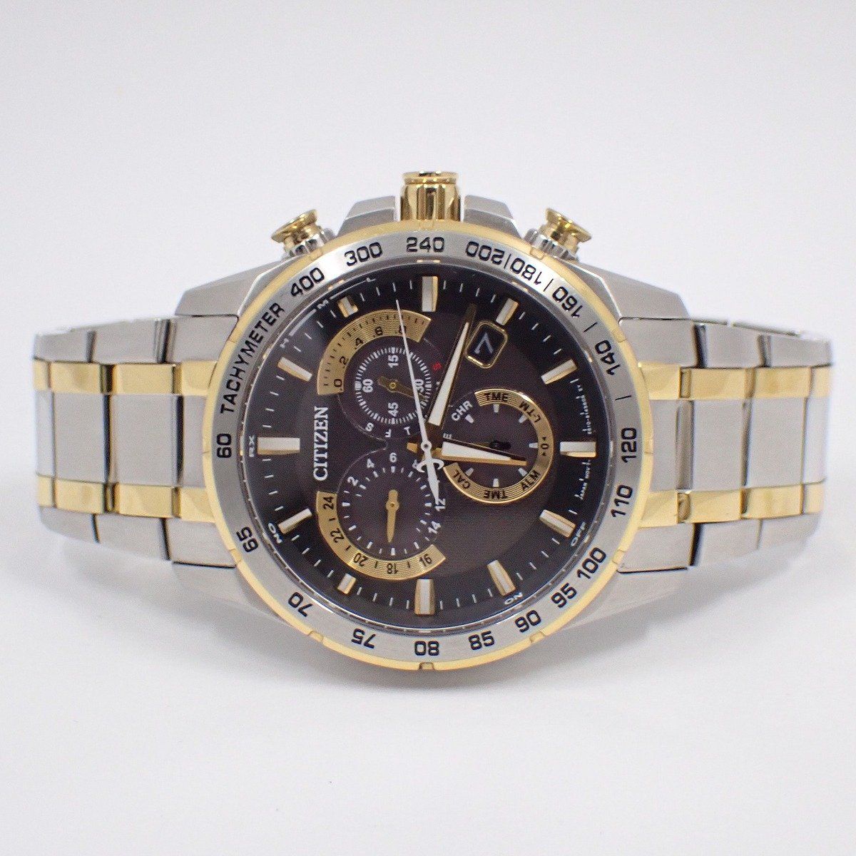 シチズン コレクション エコドライブ電波 クロノグラフ メンズ 腕時計 コンビ 黒文字盤 純正SSベルト AT3035-54E いおき質店