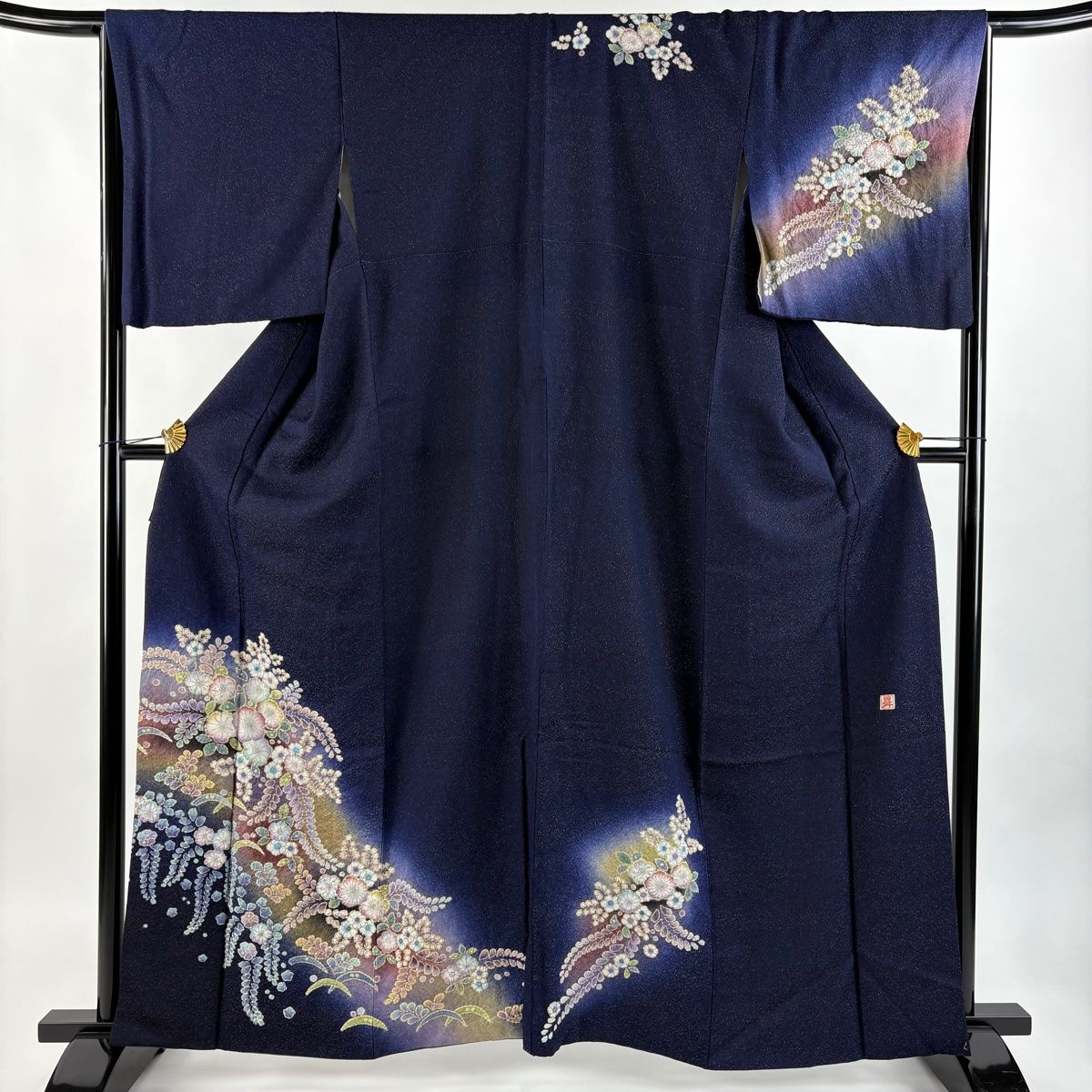訪問着 身丈161cm 裄丈66cm M 袷 落款 辻が花柄 金通し ぼかし 濃紺 正絹