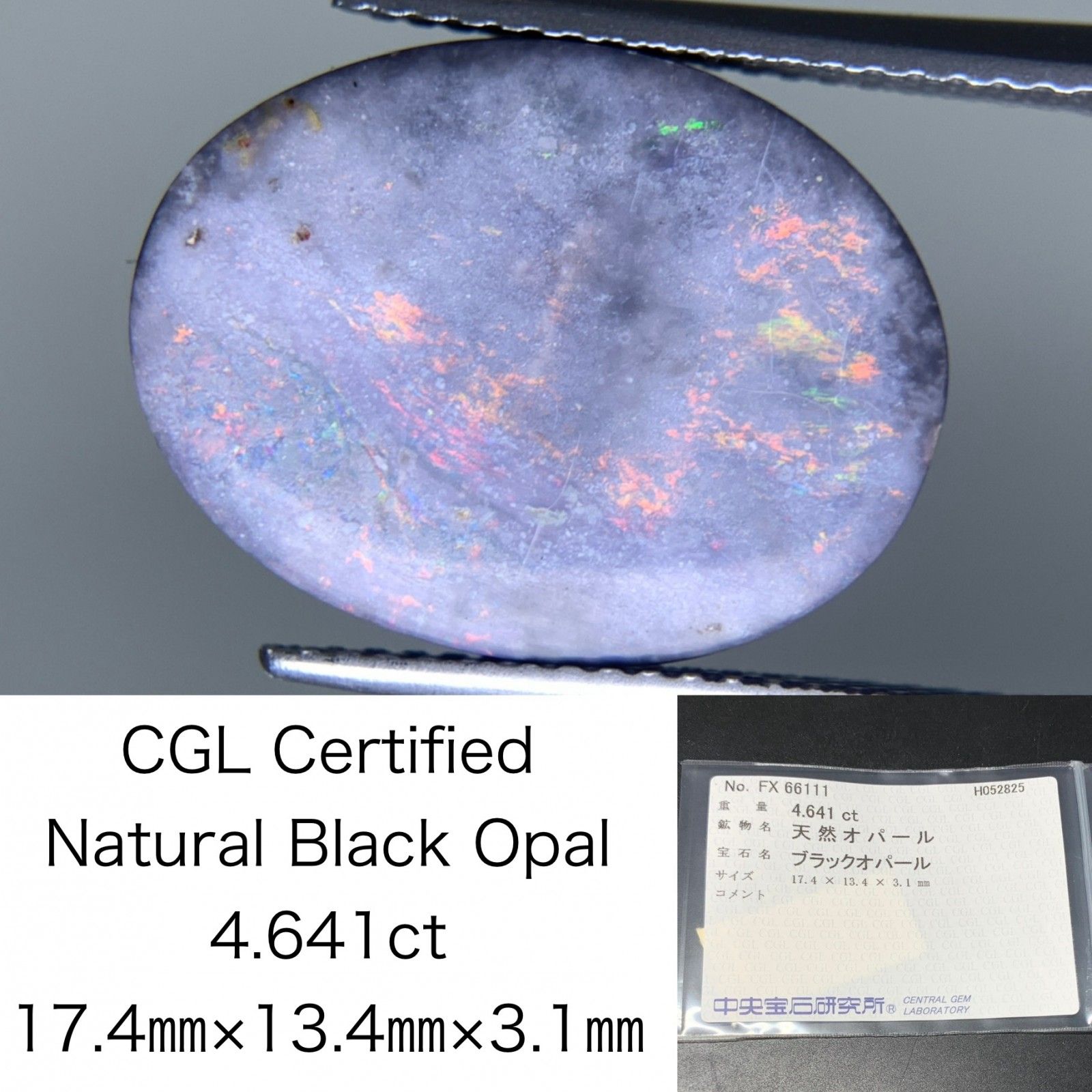 ブラックオパール 天然 4.641ct 中央宝石ソーティング付き 17.4㎜×13.4㎜×3.1㎜ 天然 ルース 裸石 5201Y