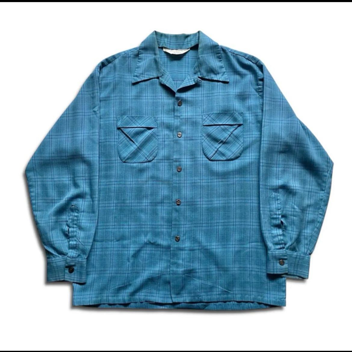 US 60s 50s オープンカラー シャツ 開襟 シャドーチェック オンブレ