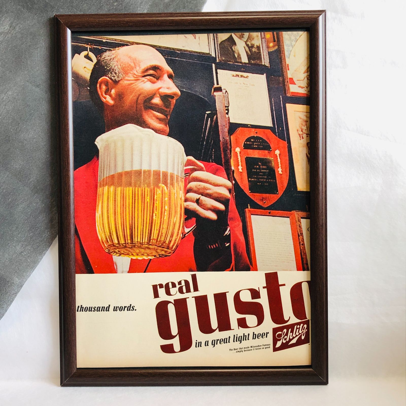ビンテージ 広告　ポスター　『 GUSTOビール 』 50's・60's　オリジナル　当時物　額付 アメリカ 輸入雑貨　ヴィンテージ　　(390mm  × 283mm)　アドバタイジング　レトロ ( AZ349 )