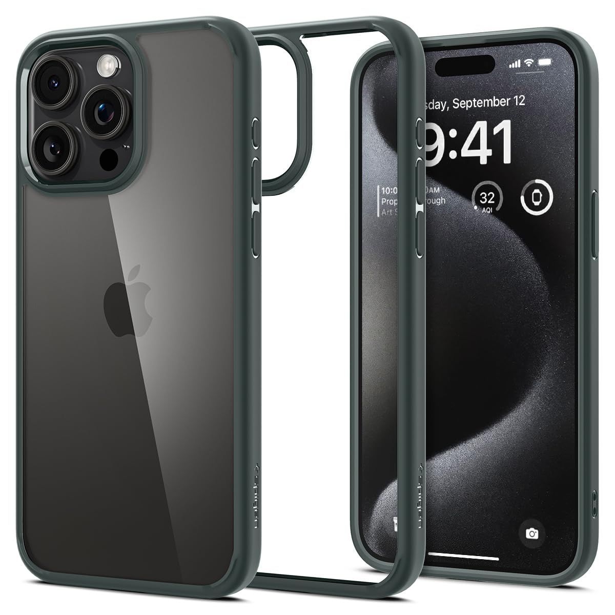 【特価商品】Spigen iPhone 15 Pro Max ケース クリア ストラップホール 米軍MIL規格 ウルトラ・ハイブリッド ACS06574 (アビス・グリーン)