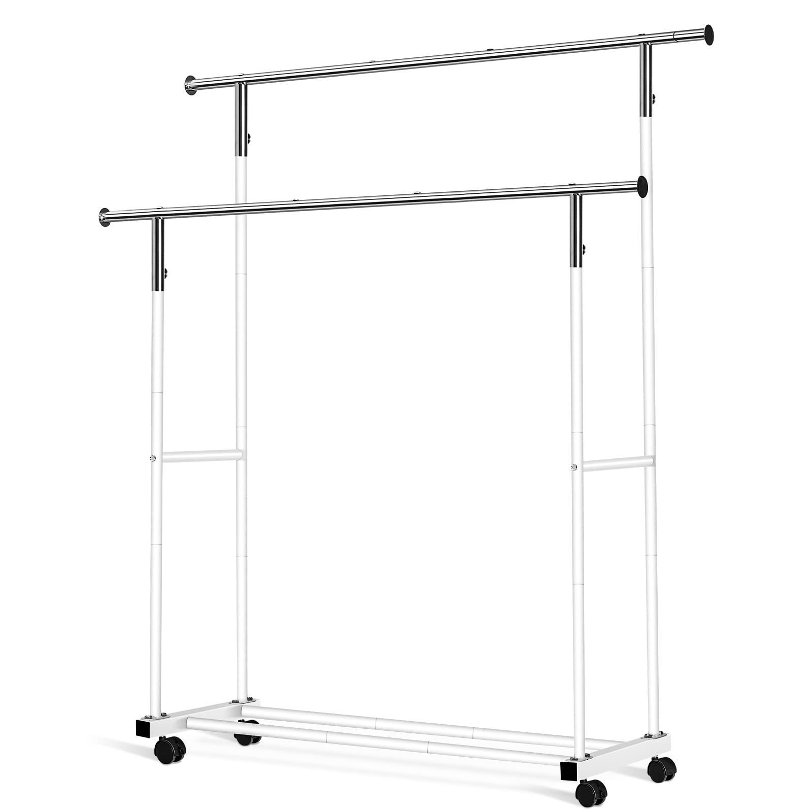 耐荷重45 幅141×奥行43.5×高さ160CM (ホワイト 組立簡単 キャスター付き 洋服掛け スチールラック ポールハンガー 洋服収納 ダブル) 頑丈 室内物干し シングルハンガーラック おしゃれ ハンガー