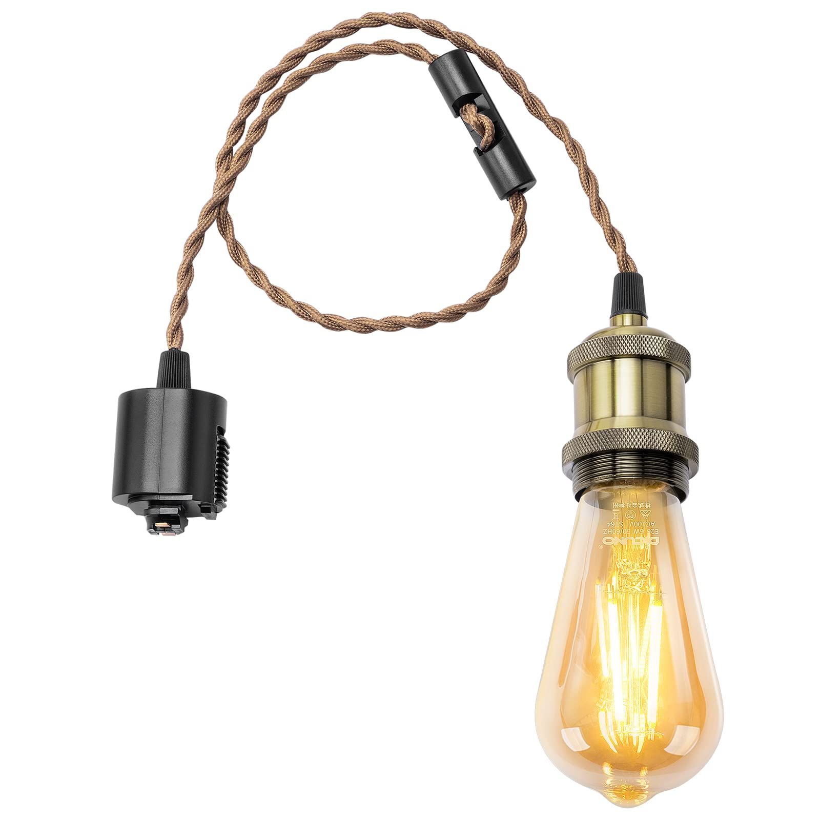 【数量限定】ペンダントライト E26口金 LED電球付き エジソン電球 ダクトレール用 １灯用ペンダントソケット シャンパンゴールド DiCUNO 電球ソケット 天井照明 吊り下げ コード付き 70cm調節可