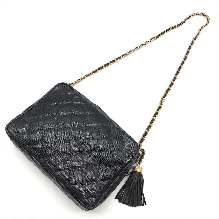 良品 CHANEL シャネル ココマーク 本リザード フリンジ チェーン  
