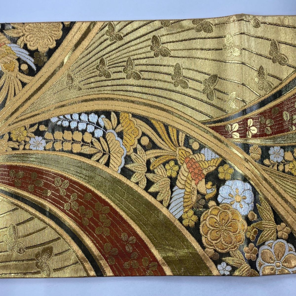袋帯 秀品 花鳥 幾何学模様 箔 金糸 金色 六通 正絹 【中古】 袋帯 美