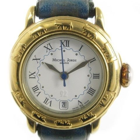 Michel Jordi ミシェルジョルディ 腕時計 ウォッチ アナログ クオーツ 3針 デイト 刺繍ベルト 文字盤ホワイト ゴールドカラー ■SM1