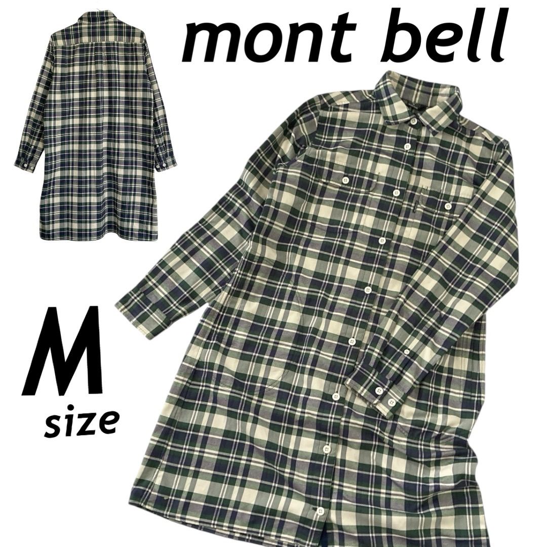 mont bell モンペル レディース 長袖ワンピース M シャツワンピース ネル 肘丈 アウトドア チェック柄 グリーン系 (I23)