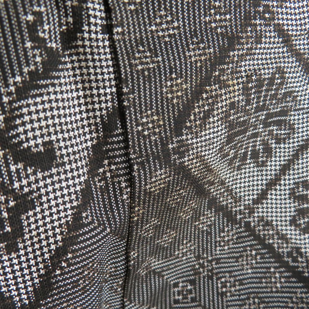 紬 着物 大島紬 龍郷柄 黒x灰色x朱色 袷 広衿 正絹 レトロ