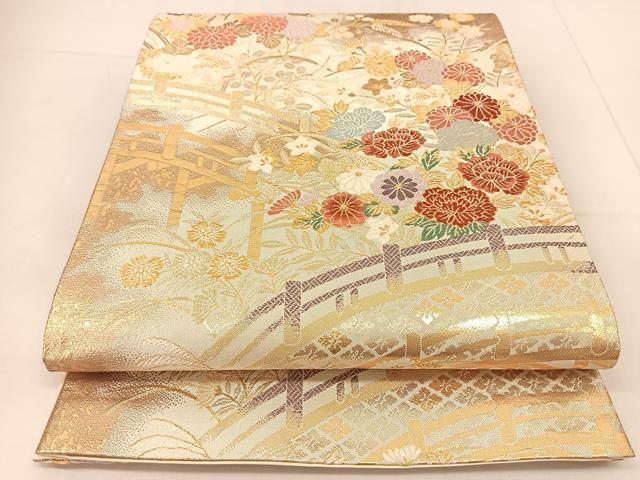 袋帯 よろけ縞に唐織 加工の良い品 正絹 AO-1356 平和屋着物◎佐賀錦 六通柄袋帯 更紗鳳凰華文 金銀糸 正絹 逸品