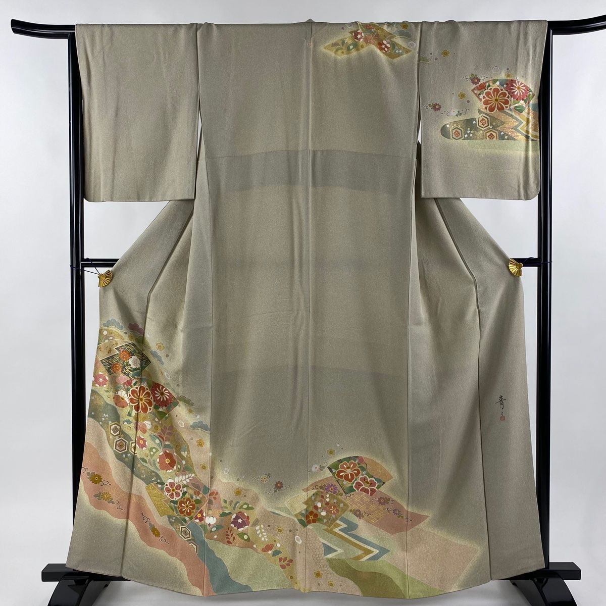 訪問着 身丈161cm 裄丈67cm M 袷 松井青々 落款 扇面 草花 金銀彩 ぼかし ベージュ 正絹 一つ紋