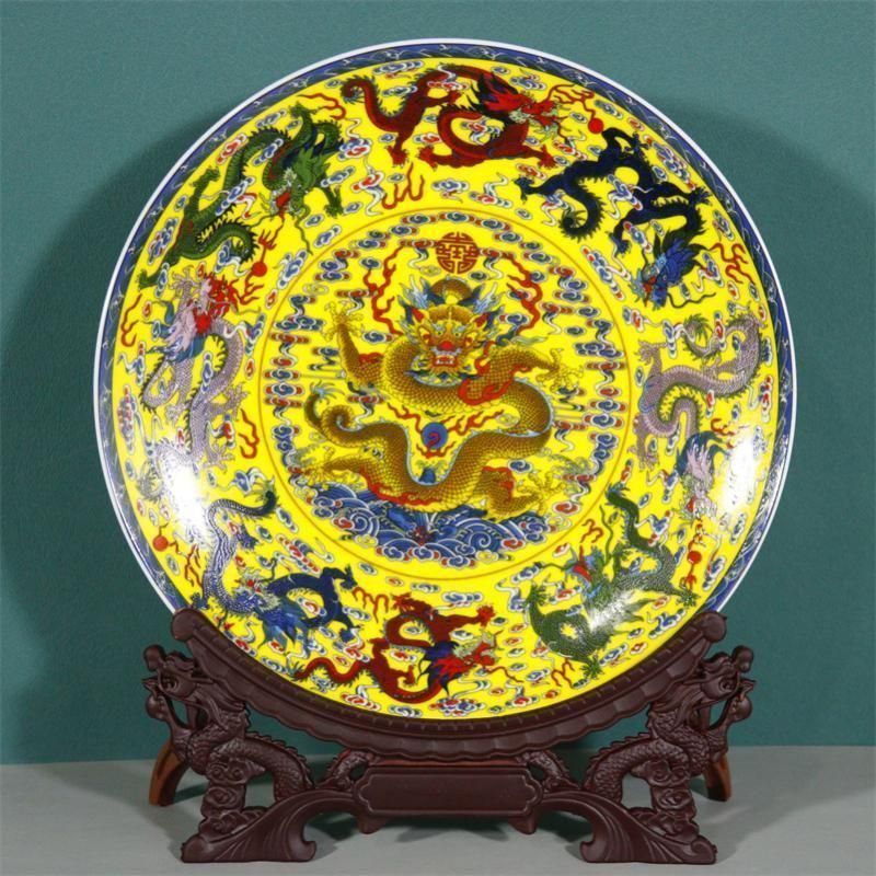 新品未使用清乾隆パステル彩九龍盤 景徳鎮 陶磁器 装飾品 現代工芸品美術品 置物