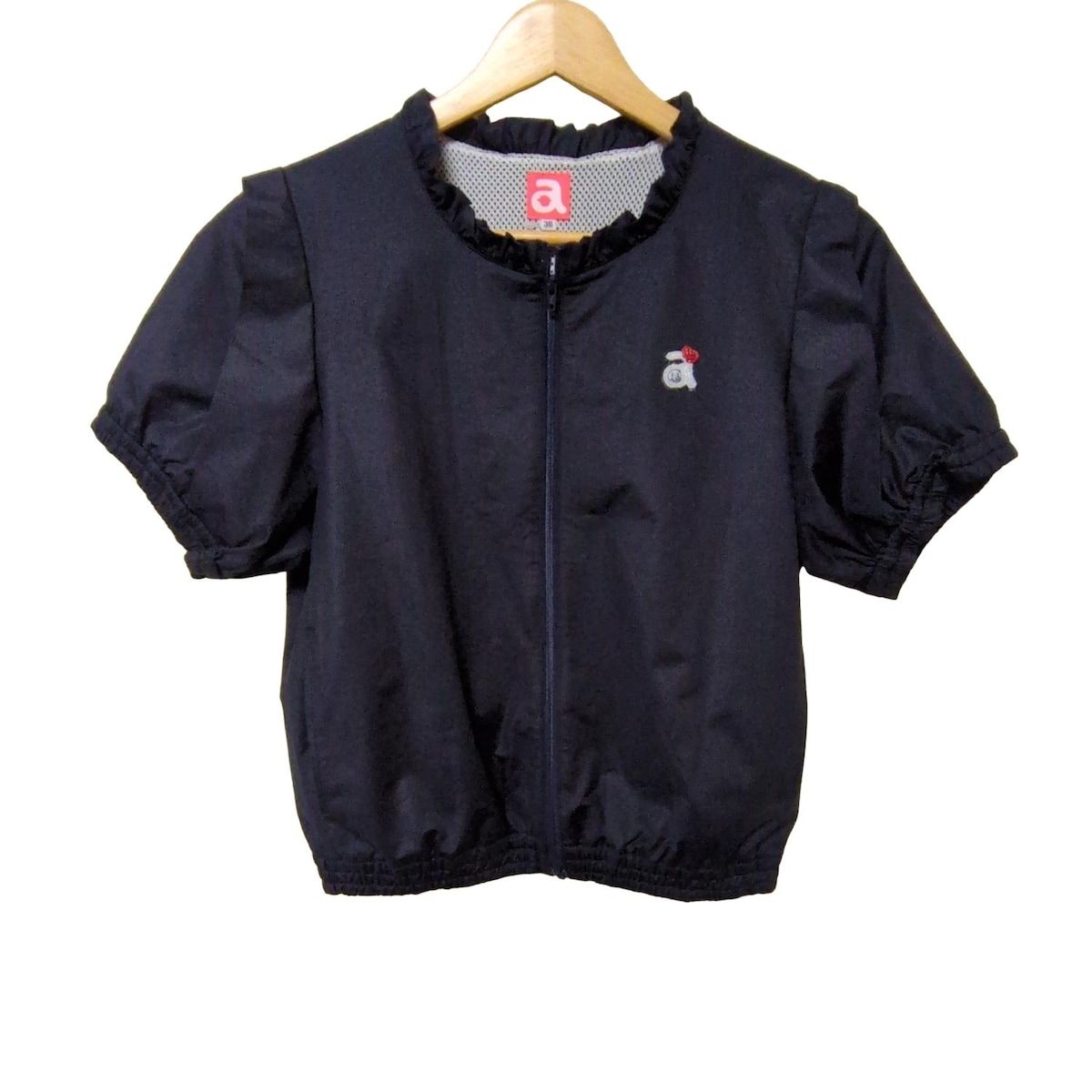 archivio アルチビオ ブルゾン サイズ38 M レディース - ダークネイビー 半袖 ビーズ メッシュ フリル ジップアップ 春 秋