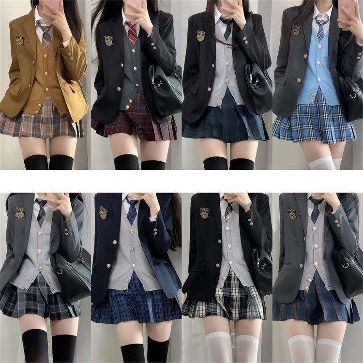 ブレザー スカート ベスト 女子高生 制服 5点セット 学生服 女子高生 ネクタイ シャツ 高校制服 チェック柄 入学 スクールブレザー スリムフィット 学生制服 スクール コスプレ衣装 卒業式スーツ conne596829