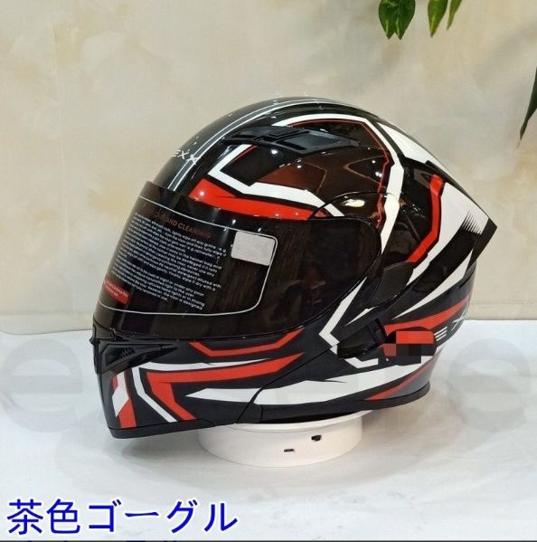 バイクヘルメット フルフェイスヘルメット ダブルレンズ M-XXLサイズ オートバイ用 シールド付 ゴーグル色選択可 赤条