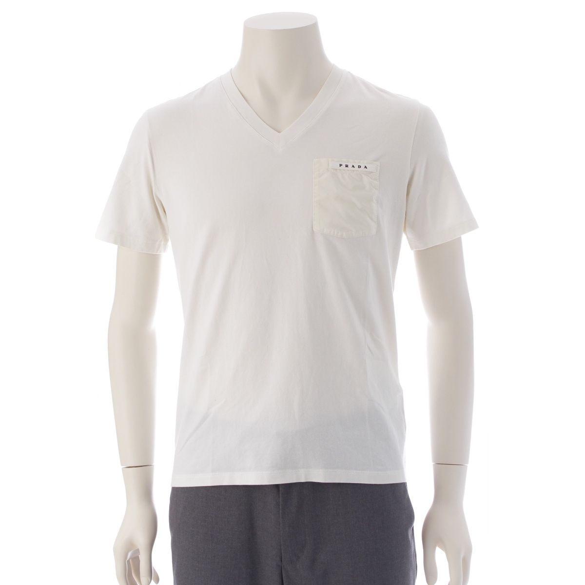 【値下げ】PRADA VネックTシャツ SJN251 ホワイト サイズ：S (堀江店) プラダ 18SS コットン ポケット ロゴ Vネック 半袖Tシャツ