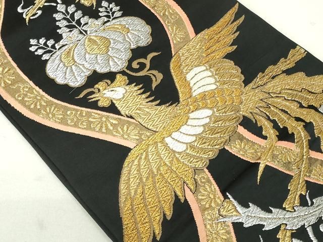 平和屋着物◎六通柄京袋帯 唐織 鳳凰花文 黒地 金銀糸 正絹 逸品