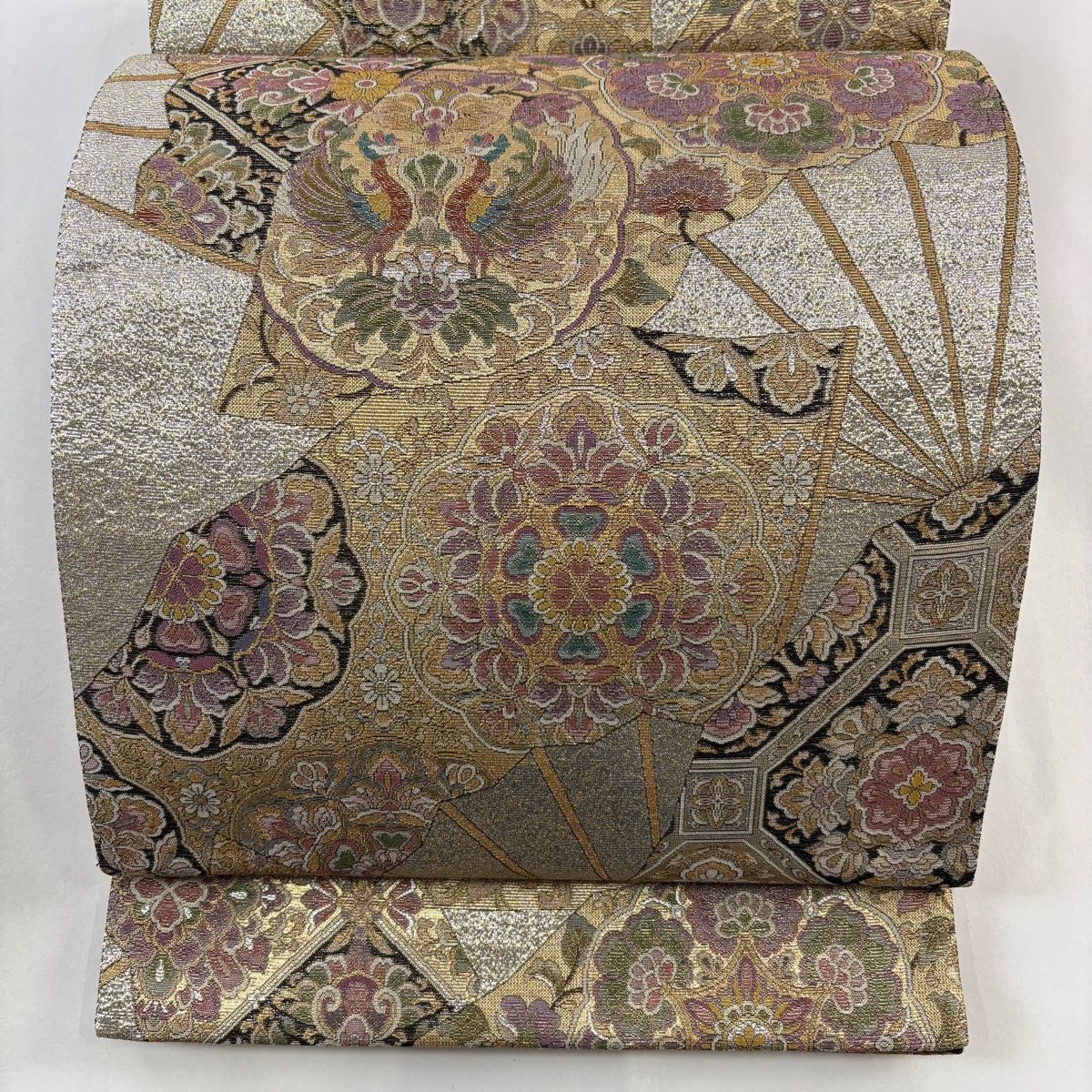 袋帯 美品 秀品 扇 華文 金糸 箔 銀色 六通 正絹 【中古