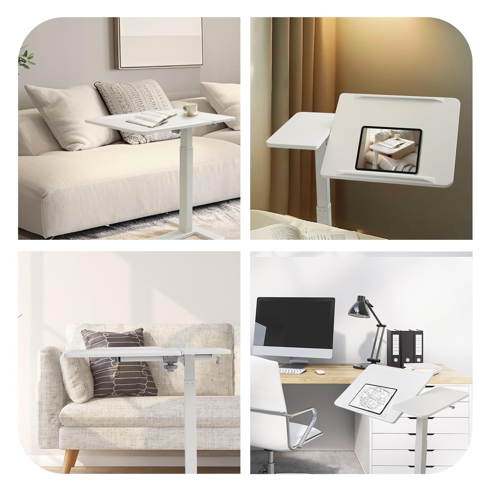 キャスター付き PCテーブル ホワイト サイド昇降デスク 天板折り畳み  