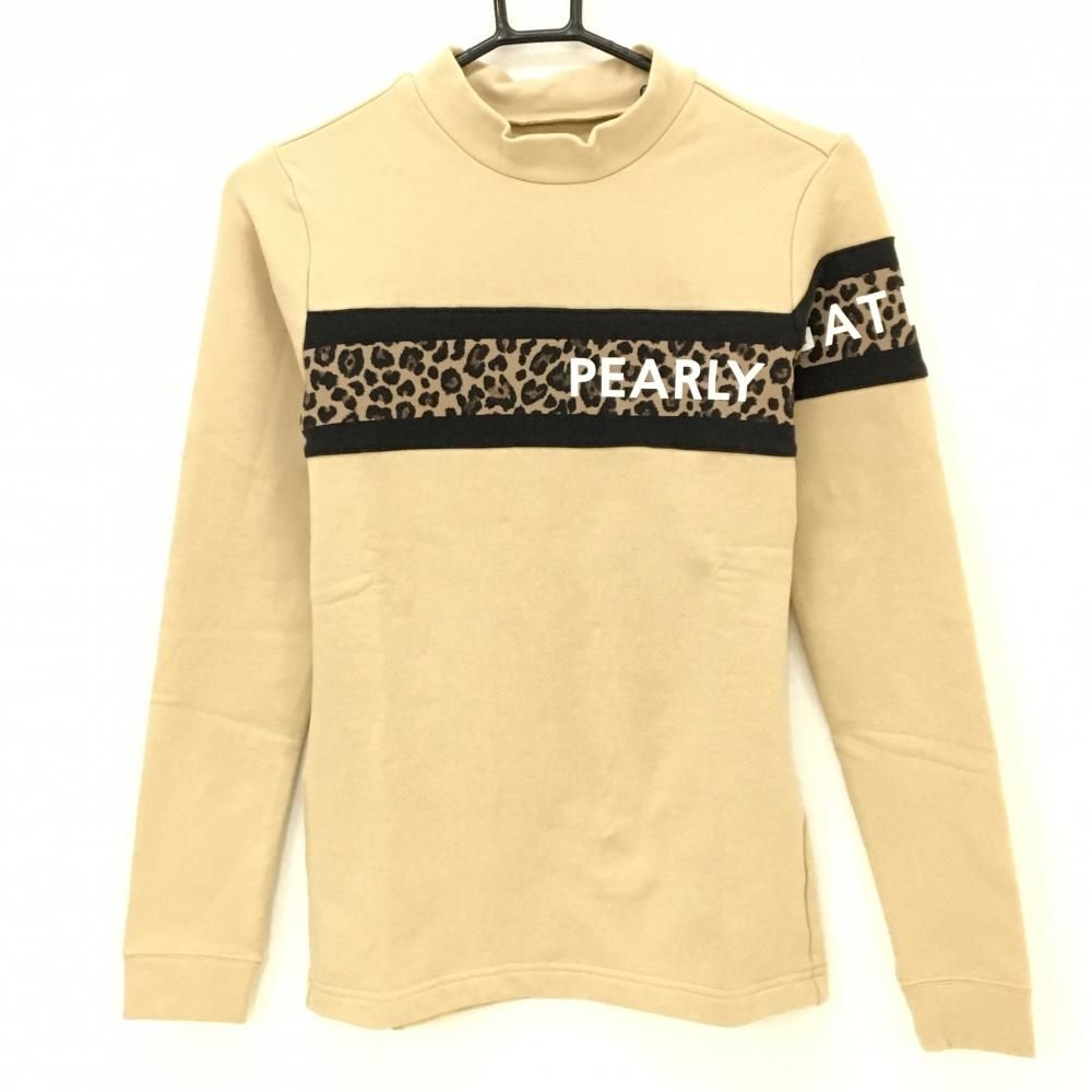 パーリーゲイツ 長袖ハイネックシャツ ベージュ×黒 一部レオパード柄 ロゴ白 レディース 0 S ゴルフウェア PEARLY GATES