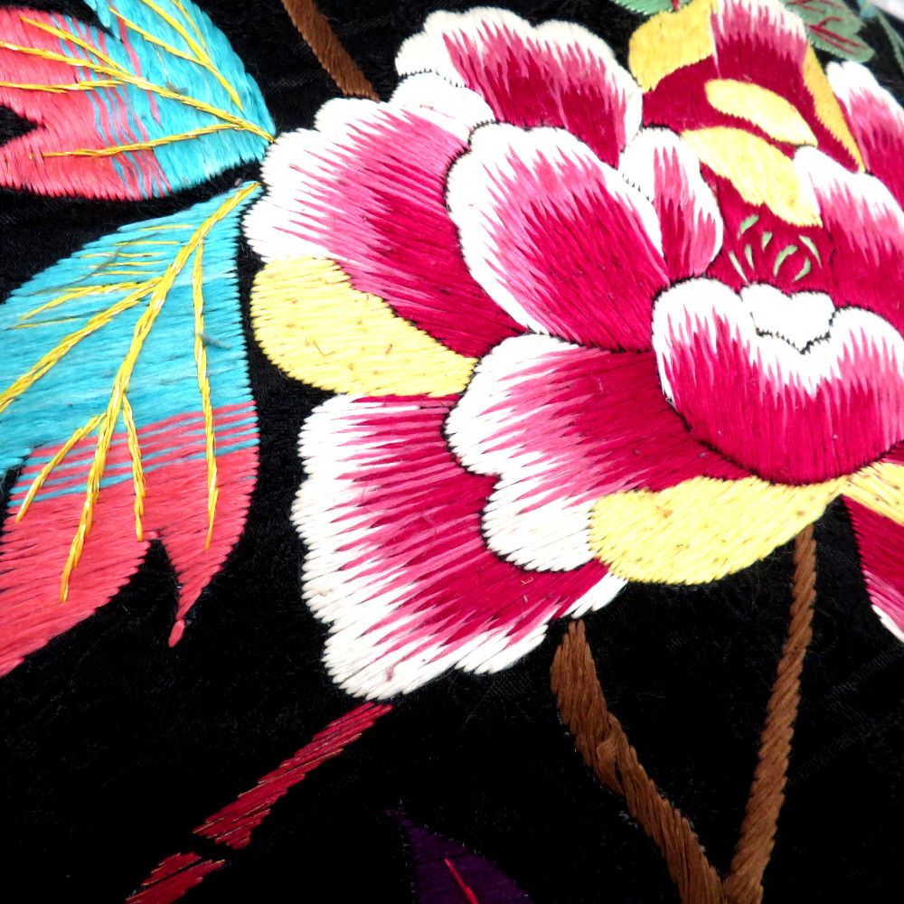 名古屋帯 アンティーク帯 作り帯 昔名古屋帯 繻子 黒 鴛鴦 刺繍 昔帯 九寸帯 レトロモダン 明治・大正ロマン 正絹 オシドリ 分離型 【キモノオフ野々市若松店】 名古屋帯 繻子 昔 アンティーク帯 昔名古屋帯 黒 多色 大花 刺繍