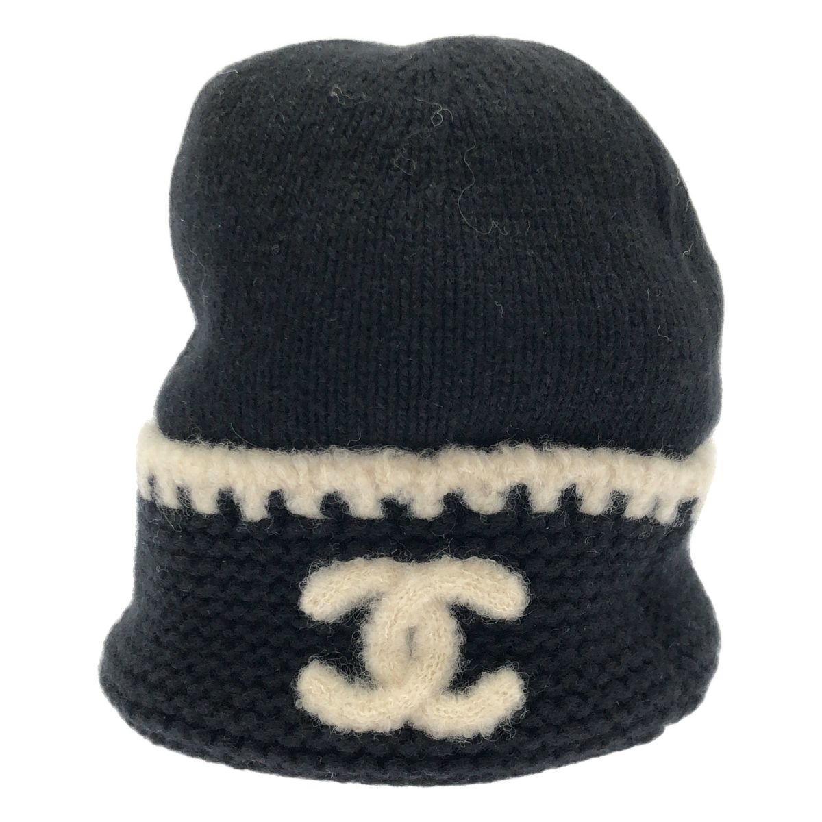 CHANEL シャネル カシミヤ シルク ココマーク ニットキャップ ビーニー 帽子 ブラック ナチュラル レディース