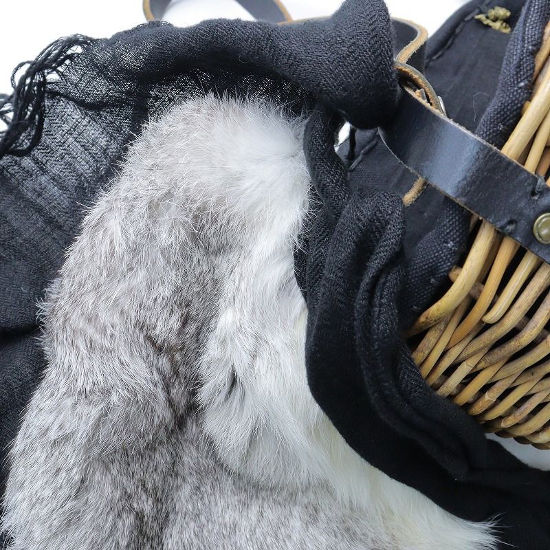 ebagos ブライドルレザー×紅籐 ラビットファー かごバッグ ブラック