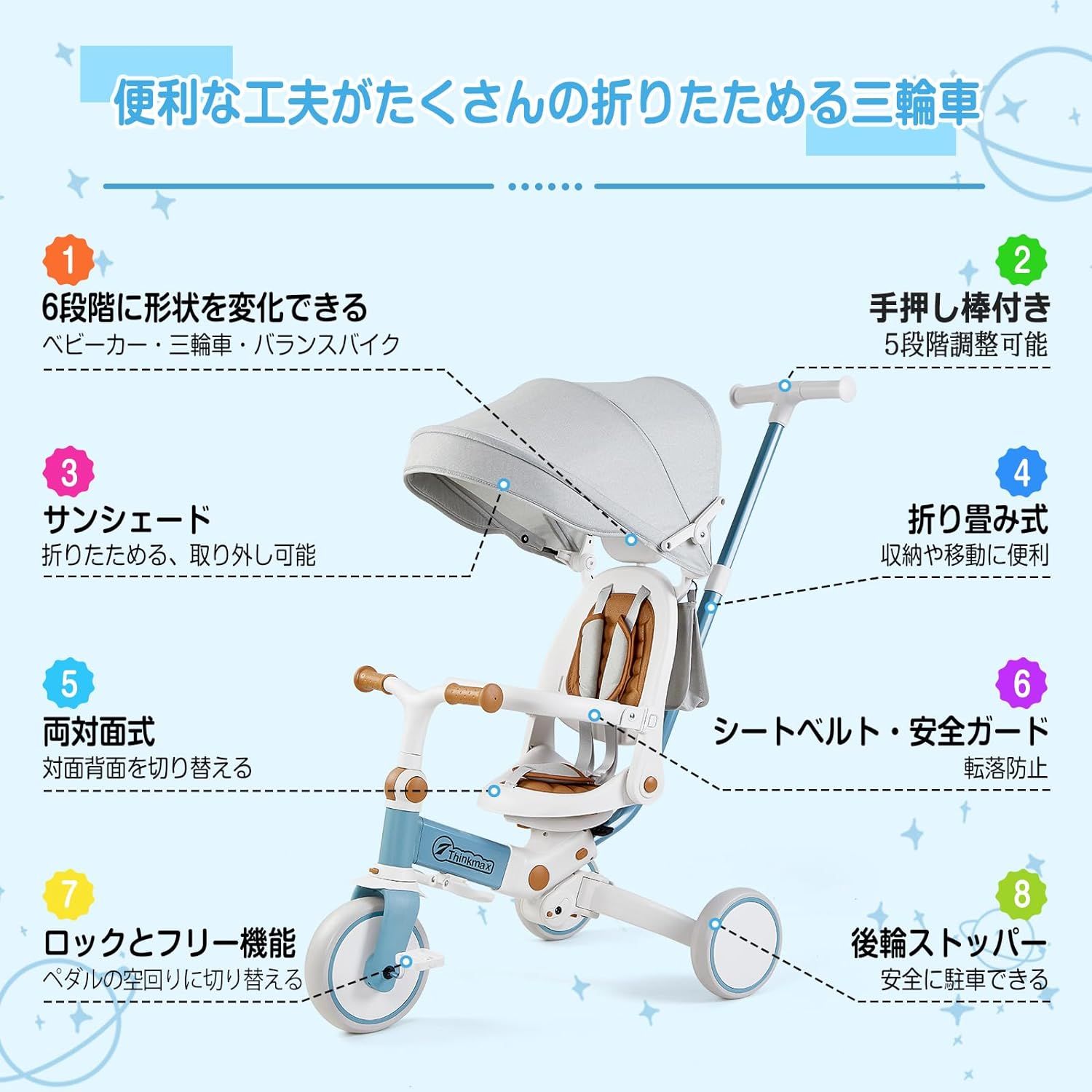 子供三輪車 ベビーカー 6in1 折りたたみ 手押し棒付き 乗用玩具 超軽量
