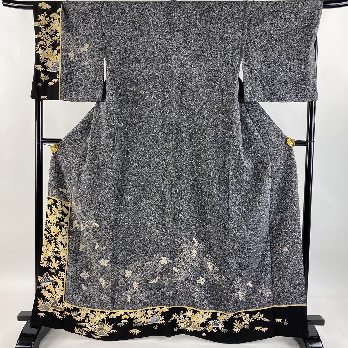 訪問着 身丈165cm 裄丈70cm L 袷 落款 葡萄 草花 金彩 黒灰 正絹 秀品