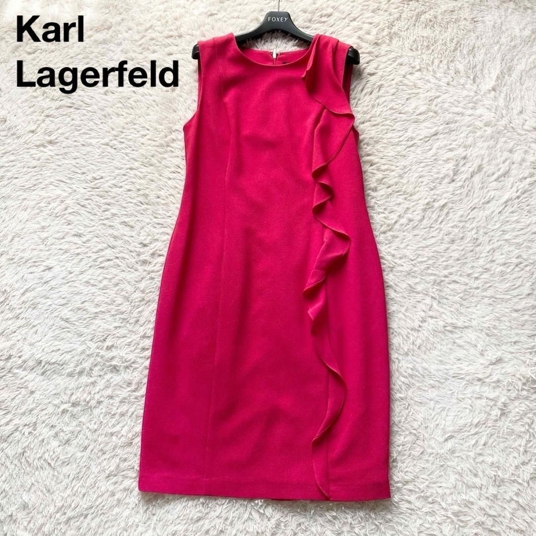 カールラガーフェルド Karl Lagerfeld ノースリーブワンピース フォーマル ドレス フリル ひざ丈 ジョーゼット生地 マゼンタピンク 10サイズ レディースM相当