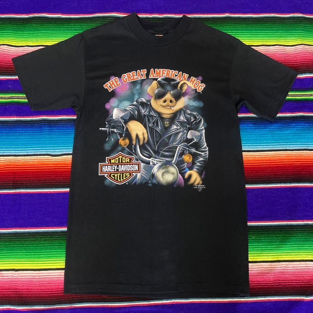 90s USA HARLEY ハーレー 3D EMBLEM Tシャツ 豚