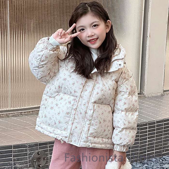 【新品未使用】コート キッズ 子ども 子供 女の子 中綿ジャケット フード付き 花柄 ショートコート 中綿コート コート アウター  ジャケット 冬コート ショート丈 暖かい ポケット付き 防風 
