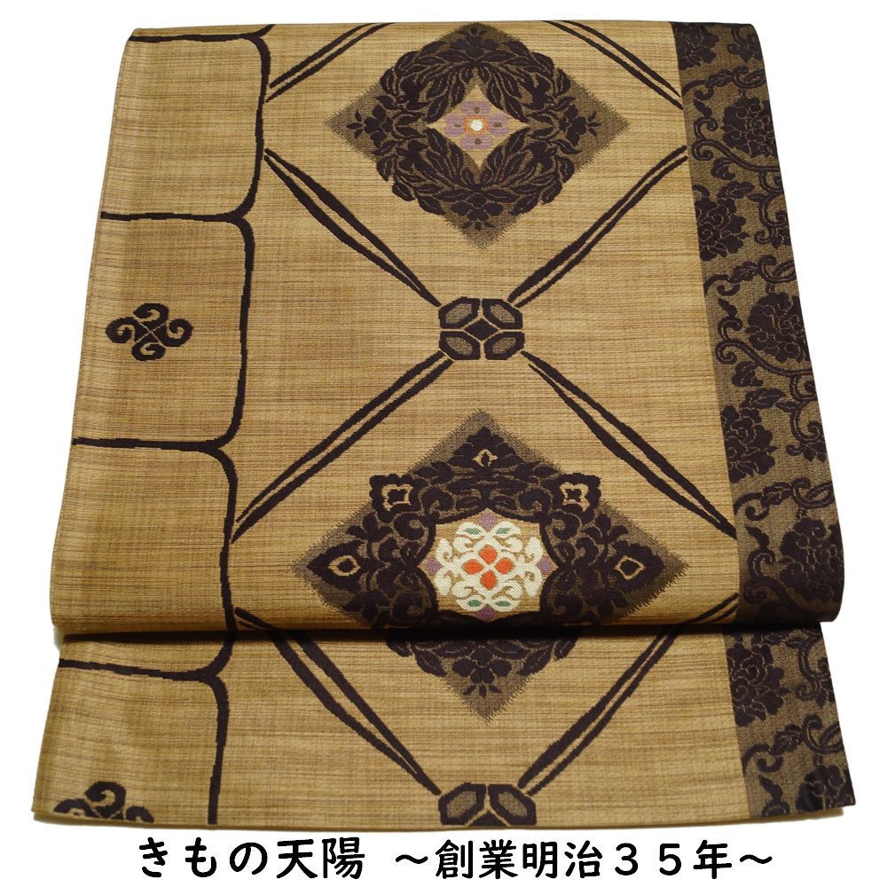 正絹　六通袋帯【菱文様】 袋帯 美品 秀品 華文 花菱 箔 金糸 金色 六通 正絹 【中古】